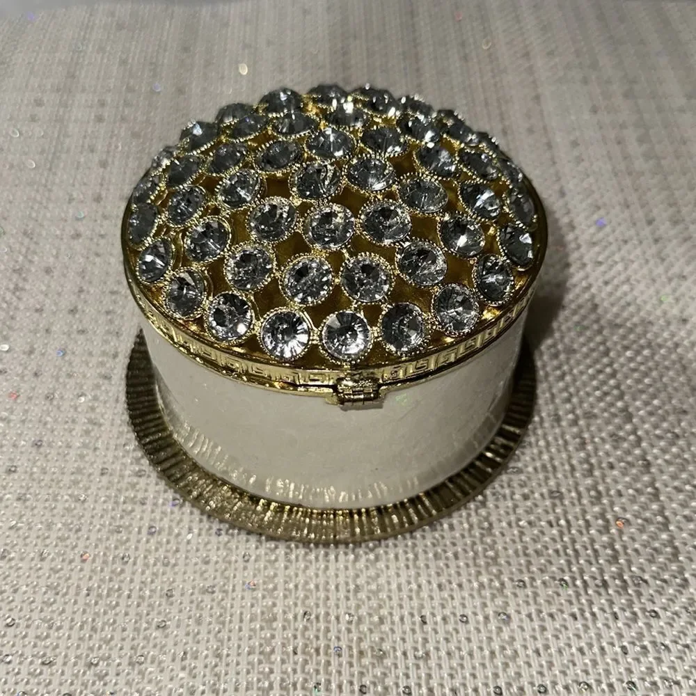 Ceramic Ivory Round Small Jeweled Rhinestone Gold Tone Keepsake Jewelry Box